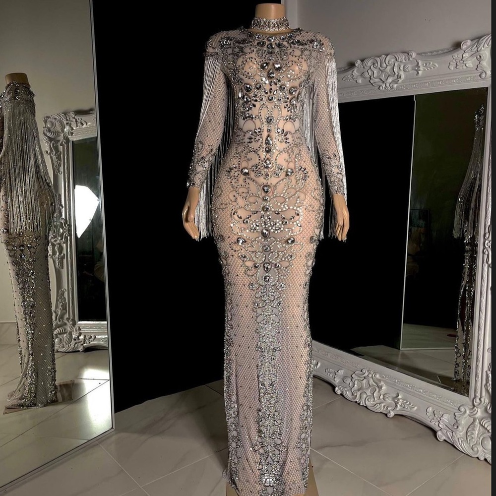 full length long sleeve gown, sheer, rhinestone covered 1920s inspired design